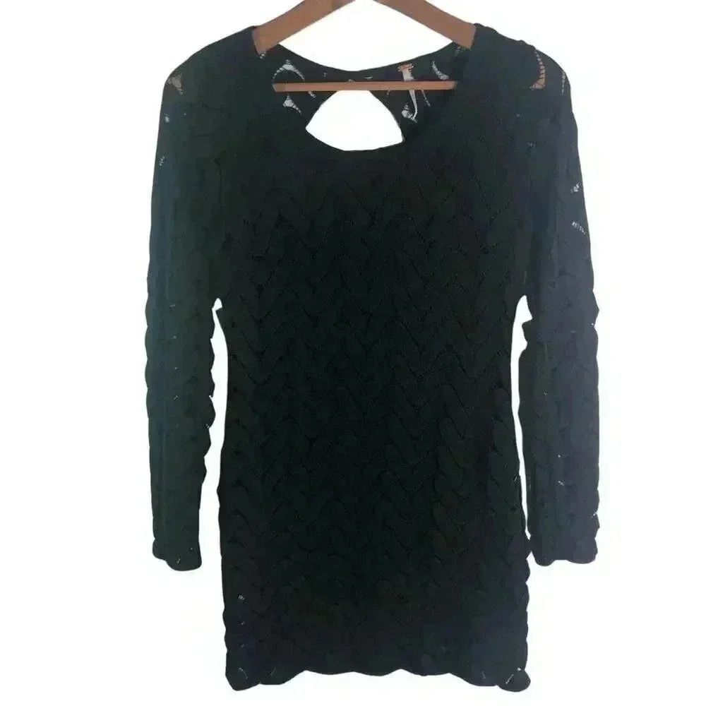 Free People Black Chevron Print Knit Bodycon Dress LBD Mini Dress Size S - Picture 1 of 7
